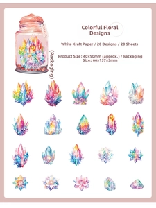 Detailed sheet showing 20 colorful watercolor crystal flower stickers on white kraft paper