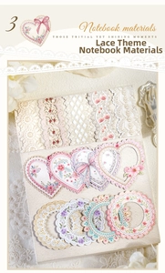 Detailed view of vintage lace border stickers and floral heart frames on linen texture