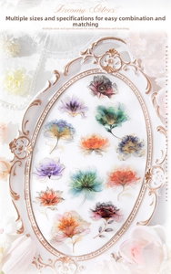 Macro detail of floral PET stickers with watercolor designs on a white vintage tray