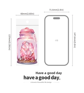 Detailed size comparison of pink crystal stickers showing dimensions against a smartphone
