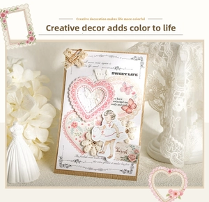 Close-up of vintage lace border stickers with butterfly and retro girl illustrations