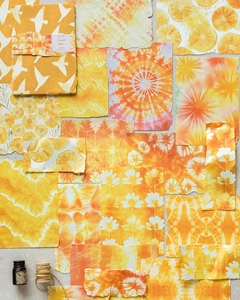 Tie-dye art paper collection in orange tones with daisy and citrus patterns for scrapbooking