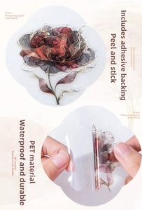 Detail showing waterproof PET floral stickers with transparent finish and water drop effect