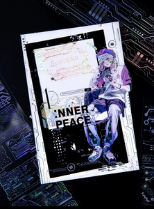 Detailed view of cyberpunk anime PET stickers with laser holographic finish and inner peace text