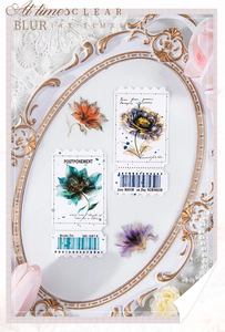 Macro shot of vintage floral PET stickers with botanical illustrations and retro stamps