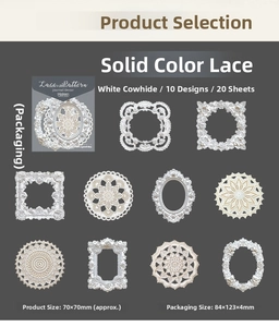 Detail showing 10 retro lace frame sticker designs made of white kraft paper for DIY scrapbooking