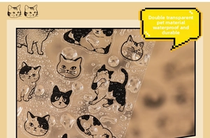 Macro shot showing waterproof PET cat stickers with water droplets on the surface