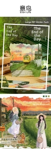 Macro detail of PET sticker pack with scenic landscape illustrations for DIY scrapbooking