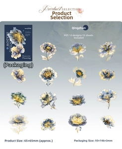 Detail view of 15-piece floral PET sticker set with watercolor designs and blue packaging