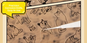 Detail of specialized etching tool and waterproof transparent cat stickers for DIY crafts