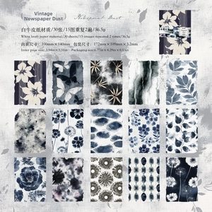 Macro display of 15 patterns of retro tie-dye craft paper in navy and white tones