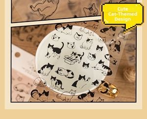 Transparent PET cat stickers shown decorating a white ceramic cup with a minimalist look