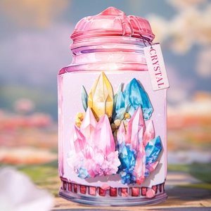 Pink crystal bottle sticker with watercolor floral designs and a mini crystal tag
