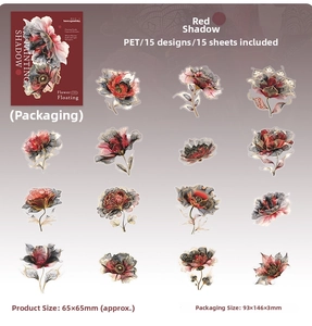 Detail of 15 vintage PET red floral stickers with gold outlines for DIY scrapbooking