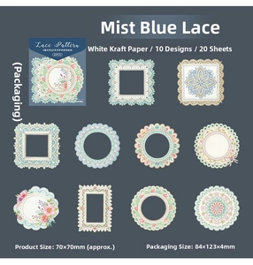 Detail of 20 sheets mist blue lace scrapbooking stickers made from premium white kraft paper