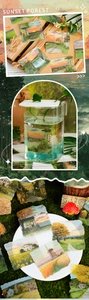 Macro detail of Sunset Forest retro stickers showing forest and cottage scenery on wood