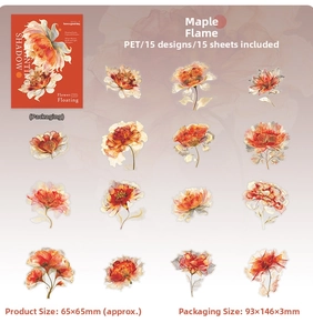 Detail view of 15 translucent PET maple floral stickers with elegant red gift packaging