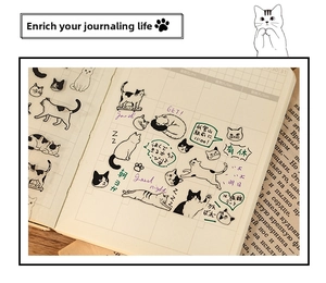 Close-up of cute cat PET stickers used for DIY journal decoration on grid paper