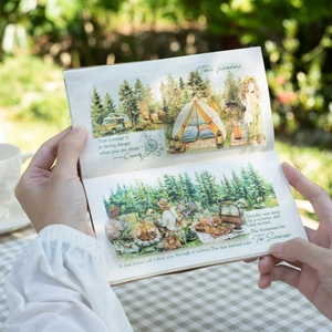 Washi tape vintage tema campeggio con illustrazioni ad acquerello di camper e natura