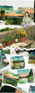 Artistic sunset scenery stickers for DIY scrapbooking with illustrated city and nature motifs