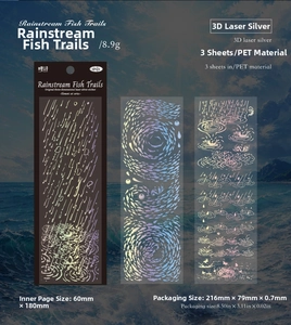 Detail of 3D laser silver PET stickers featuring fish trails and water ripple motifs