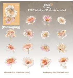 Macro detail of 15 transparent PET floral stickers from the Shaoguang collection