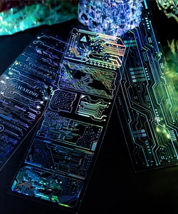 Holographic laser PET sticker with cyberpunk circuit board patterns and metallic finish
