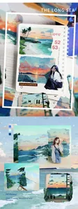 Close-up of waterproof PET stickers featuring sea illustrations and sunset anime girls