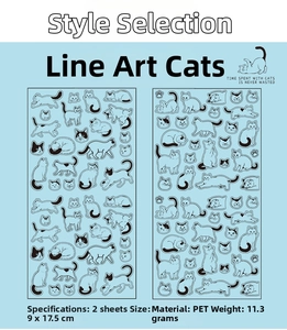 Detail specifications for PET cat stickers showing size 9x17.5cm and waterproof material