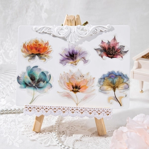 Artistic PET floral stickers with transparent hand-painted flower designs on mini easel