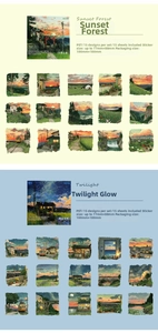 Detail of PET stickers showing sunset landscape illustrations and product specifications