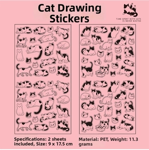 Detailed PET waterproof stickers with cute cat motifs for DIY decoration, 2 sheets set