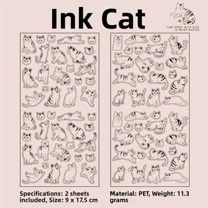 Detail of PET waterproof cat stickers featuring black ink illustrations in 9x17.5cm size