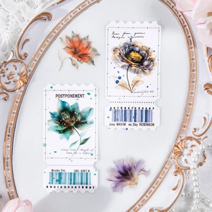 Floral PET vintage stickers with blue and purple flowers on ticket-style decorative strips