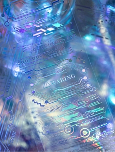 Macro shot of holographic PET sticker with cyber circuit pattern and metallic blue finish