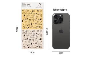 Cat themed PET stickers showing 20x10cm dimensions next to a phone for scale