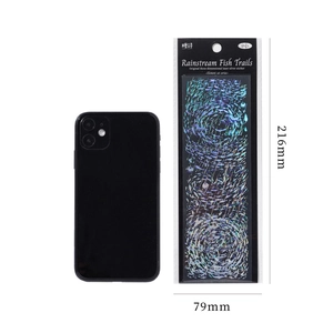 Detailed size comparison of laser silver fish pattern stickers next to a black smartphone