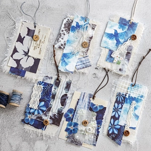 Set of 6 vintage indigo tie-dye craft tags with lace and wood button details
