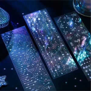 3D Laser Silver PET Decorative Stickers Cyberpunk Stars Chain Patterns Holographic Scrapbooking Journal DIY Material Aesthetic Stickers