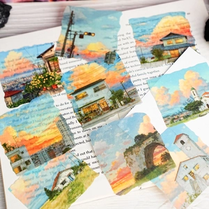 DIY scenery stickers set with hand-drawn Japanese landscapes on vintage book pages