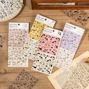 Cute transparent PET cat stickers for scrapbooking with line art and watercolor designs