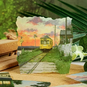 Artistic sunset tram scenery sticker for DIY scrapbooking with paper texture