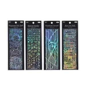 Set of 4 holographic laser silver PET 3D stickers with cosmic and geometric motifs