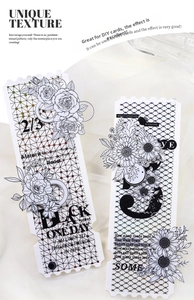 Detail of vintage scrapbooking cards featuring black and white floral sketches and mesh textures