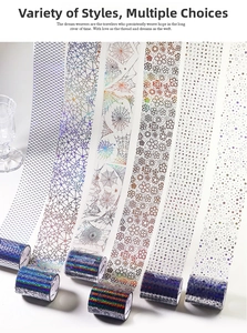 Detailed view of iridescent PET tapes with holographic laser spiderwebs and floral patterns
