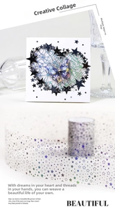 Macro view of holographic star tape with butterfly accents for DIY scrapbooking craft