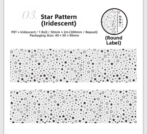 Macro detail of PET decorative tape with shimmering rainbow stars and dots pattern