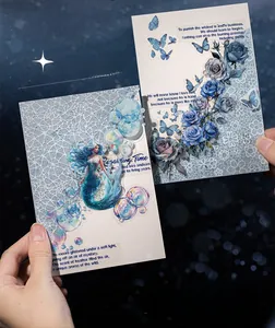Detail of PET decorative tape featuring glitter mermaid and blue rose butterfly motifs