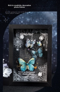 Macro detail of 3D butterfly fairy art frames with blue wings and gothic star patterns