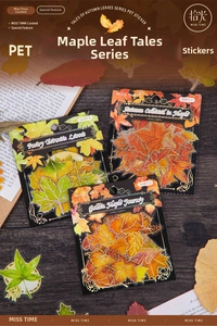 Detailed macro view of decorative PET maple leaf stickers with gold foil outlines
